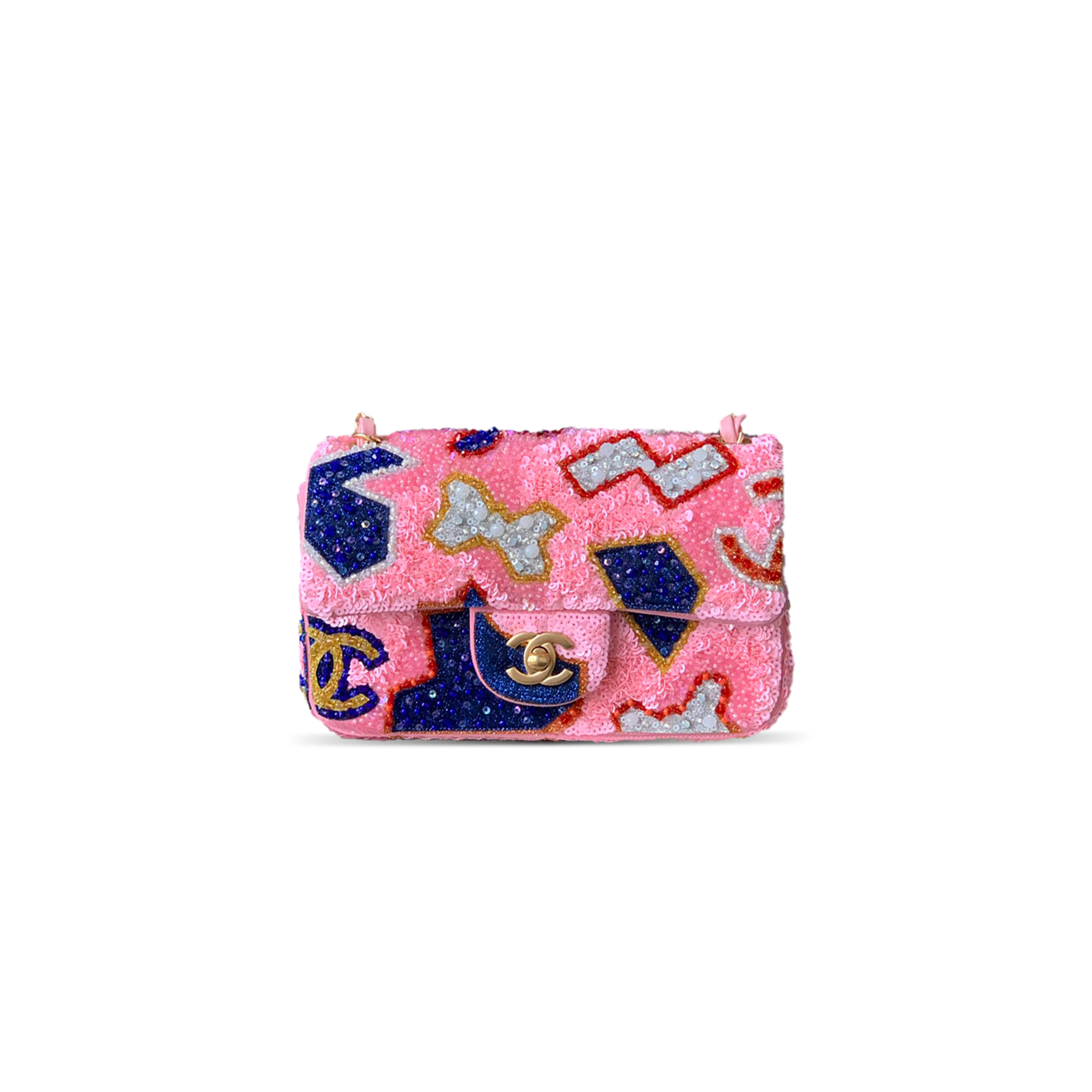 CHANEL 25P CLASSIC FLAP SEQUINS & GOLD-TONE METAL PINK (20*12*6cm)